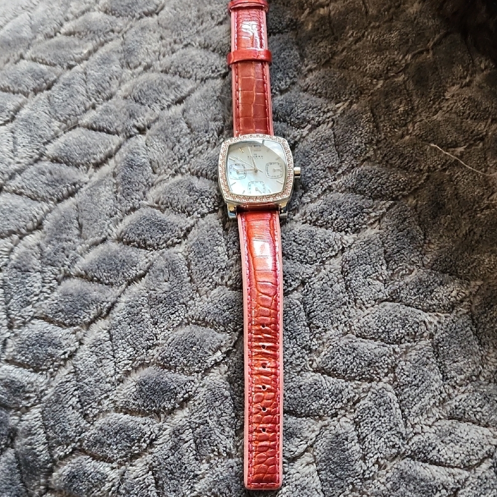 Skagen Denmark Watch Leather Pink Band Silver Gems Water Resistent Slim Quartz